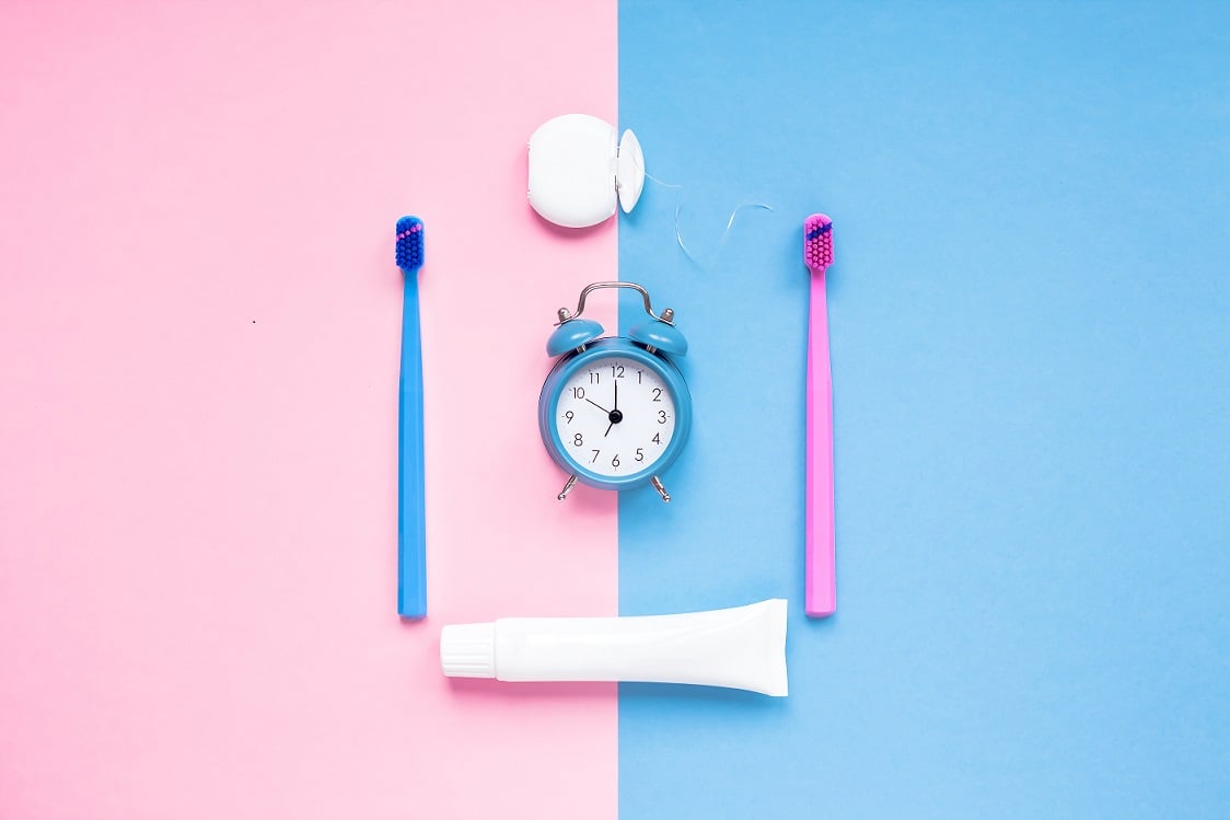 Teeth hygiene and oral care products flatlay